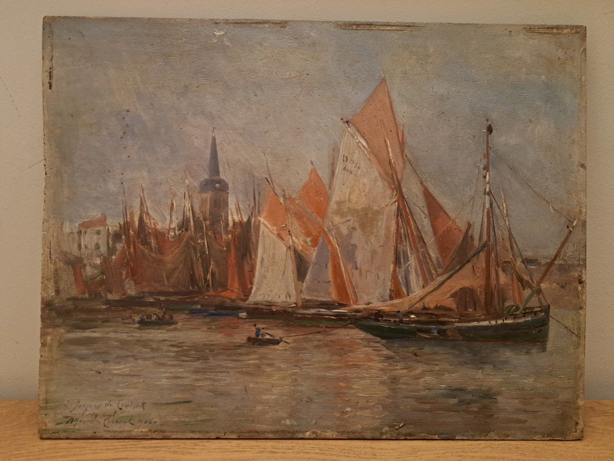 Maurice Courant, Sailboats In A Breton Port, Oil On Panel, Early 20th Century. 