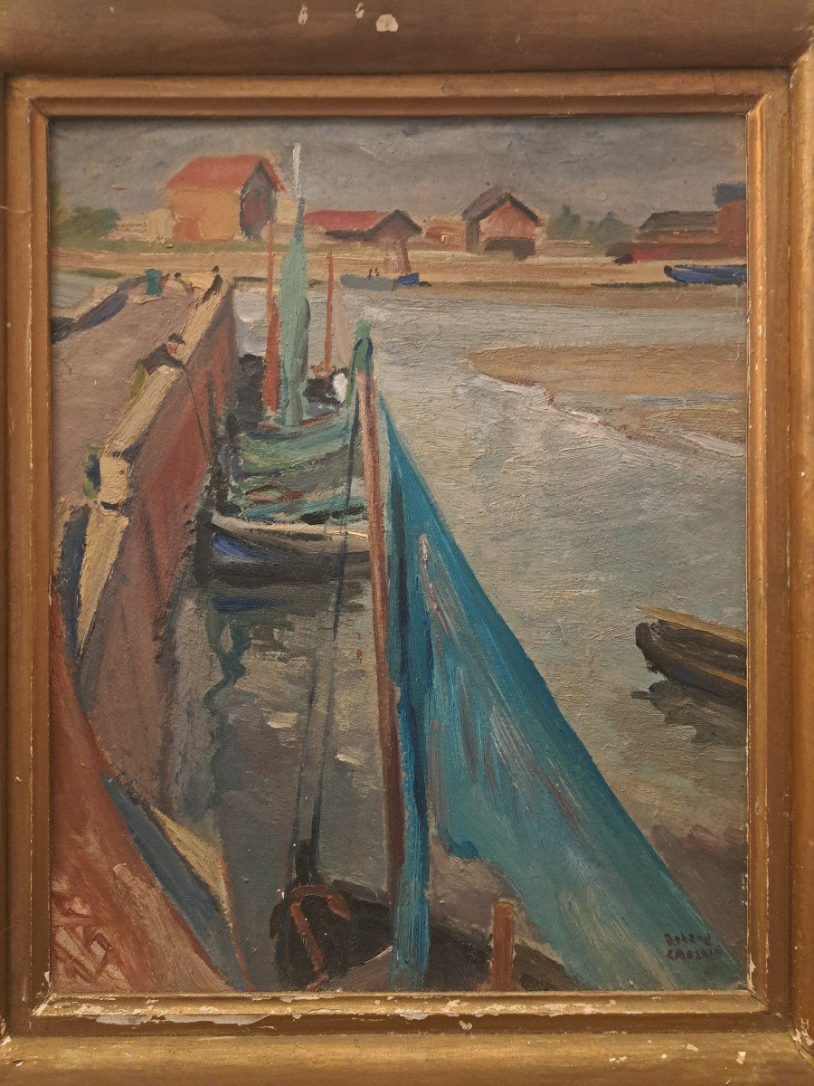 Roland Caplain, Honfleur, Oil On Cardboard, 20th Century. -photo-2