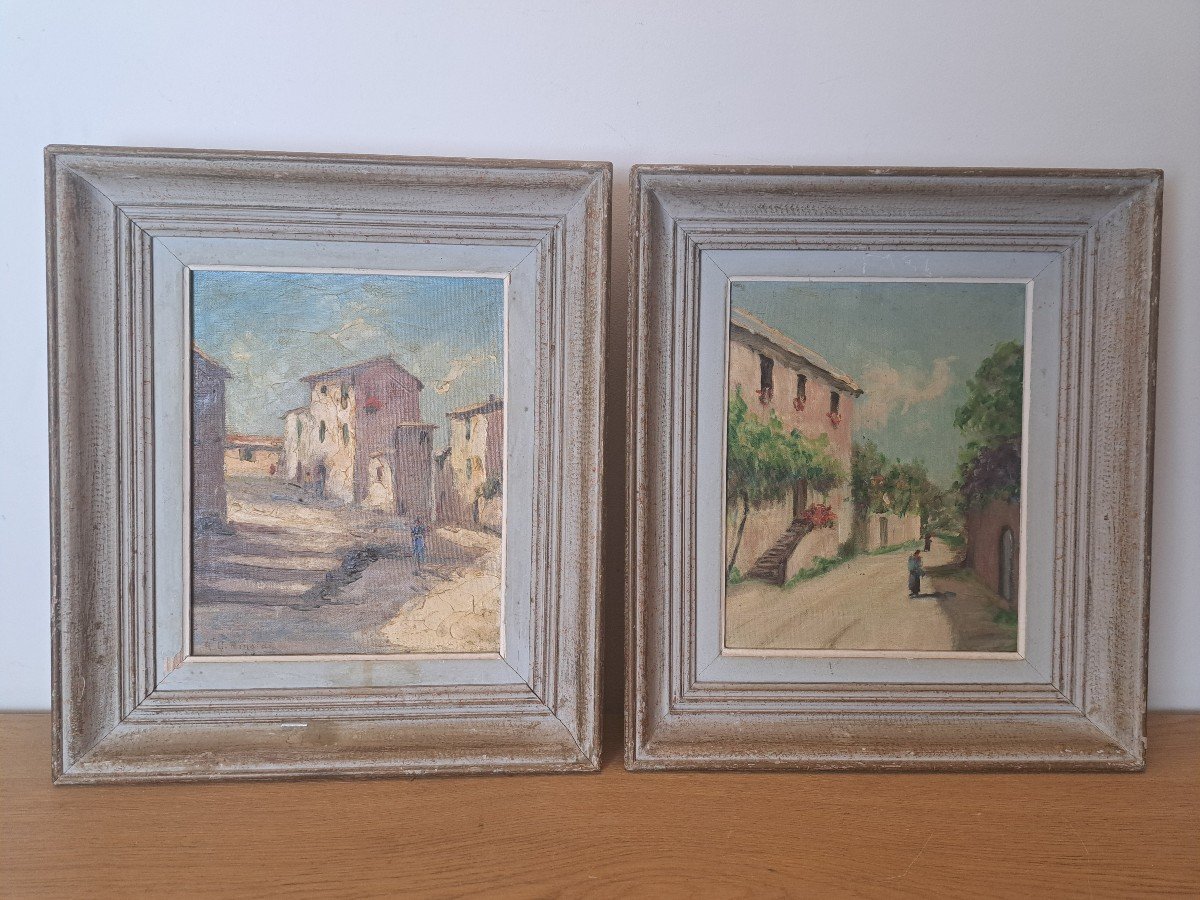 Ru Rinaldi, Village Views, Pair Of Oil On Canvas, 20th Century. -photo-2