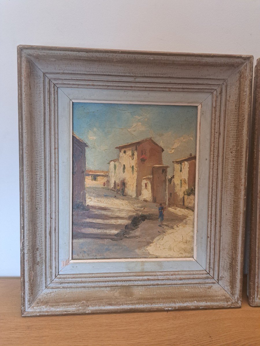 Ru Rinaldi, Village Views, Pair Of Oil On Canvas, 20th Century. -photo-3