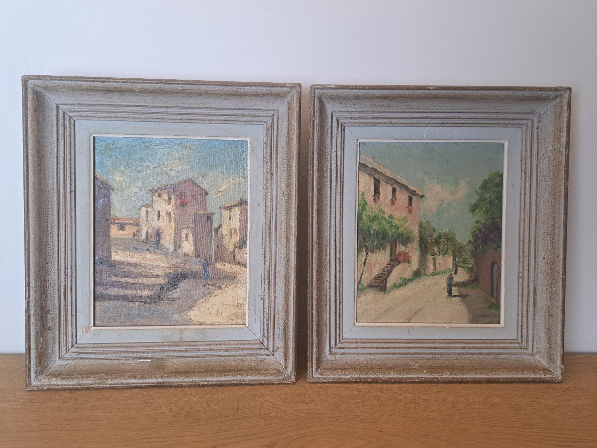 Ru Rinaldi, Village Views, Pair Of Oil On Canvas, 20th Century. 