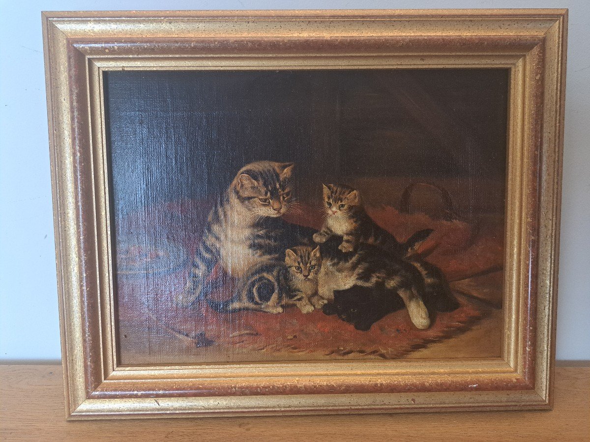 d'Après John Henry Dolph , Chat Et Chatons , Huile Sur Toile , XX°. -photo-2