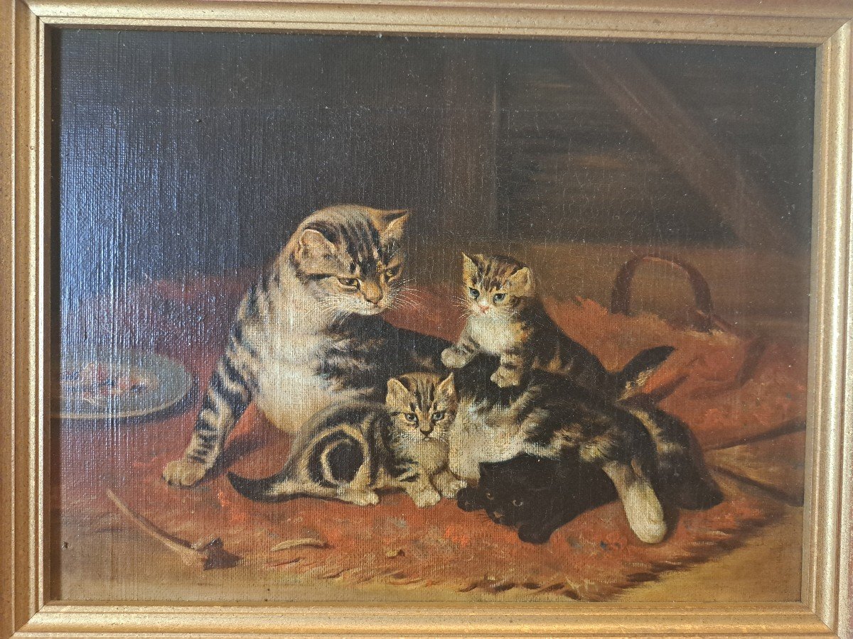 d'Après John Henry Dolph , Chat Et Chatons , Huile Sur Toile , XX°. -photo-2