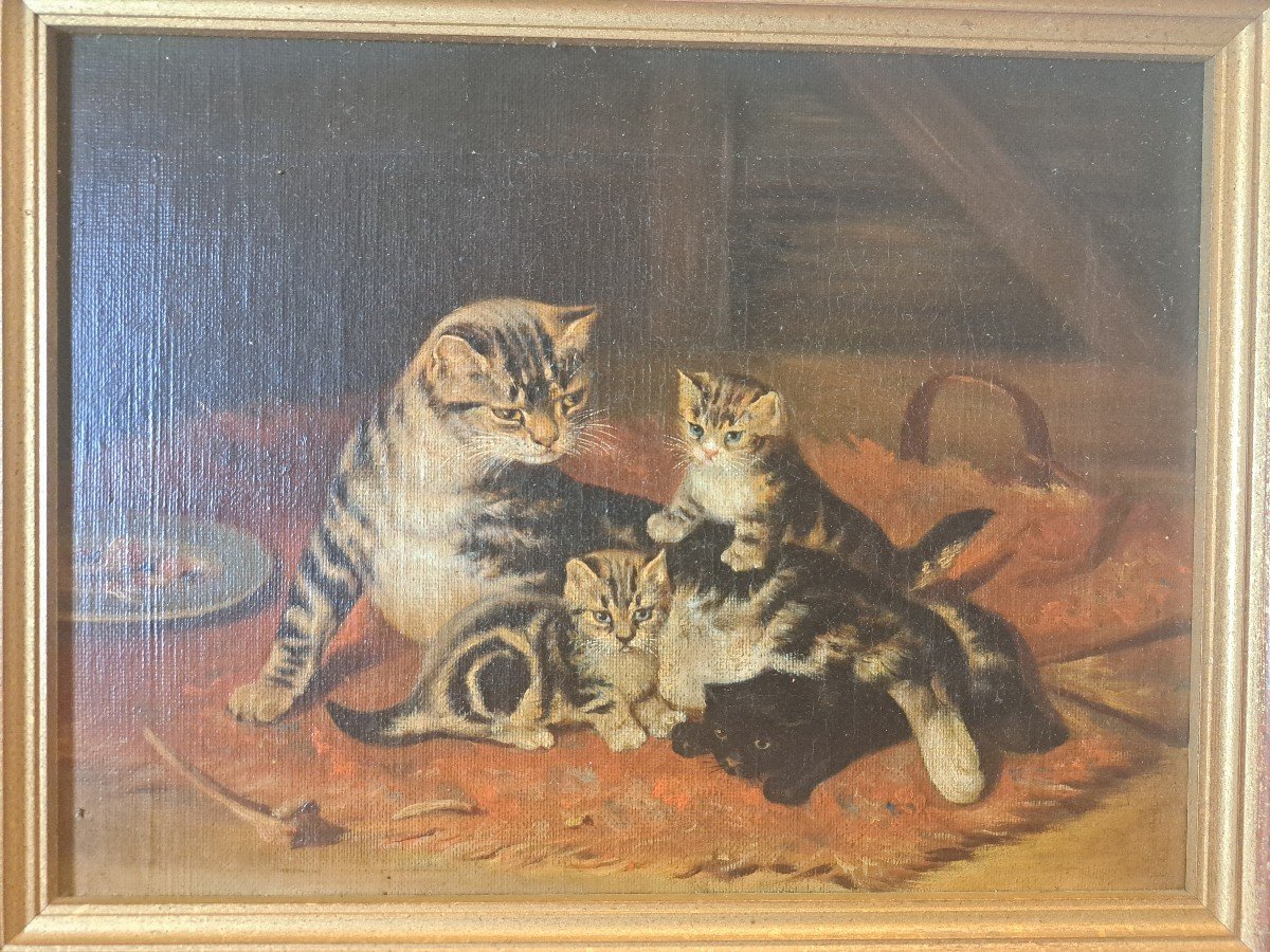 d'Après John Henry Dolph , Chat Et Chatons , Huile Sur Toile , XX°. -photo-3