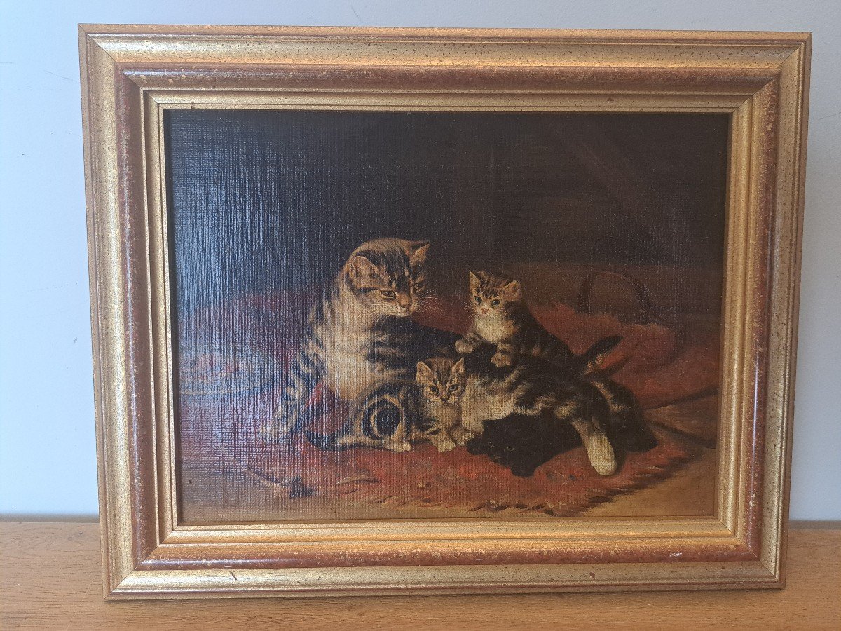 d'Après John Henry Dolph , Chat Et Chatons , Huile Sur Toile , XX°. 