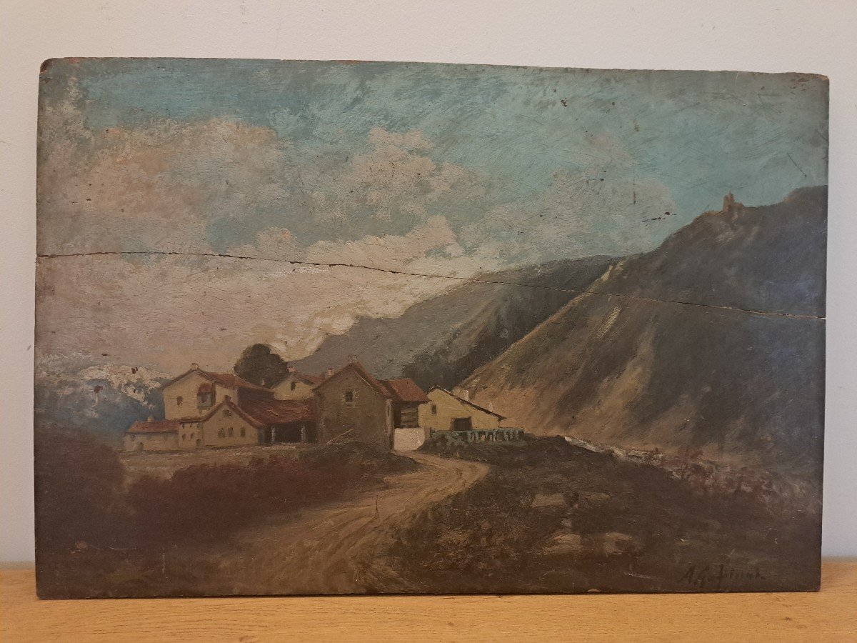 Paysage Montagnard , Huile Sur Bois  , Signé , XIX°. -photo-2