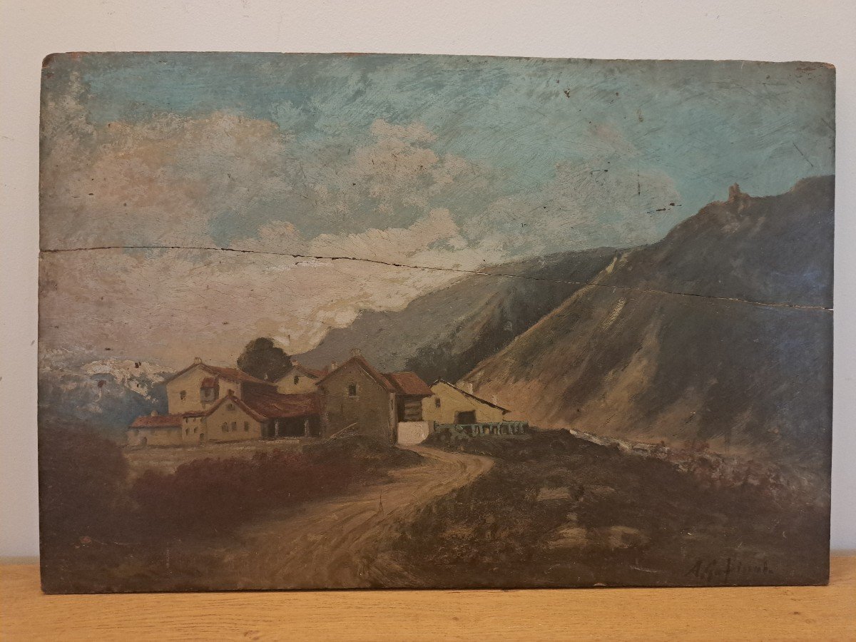 Paysage Montagnard , Huile Sur Bois  , Signé , XIX°. -photo-3