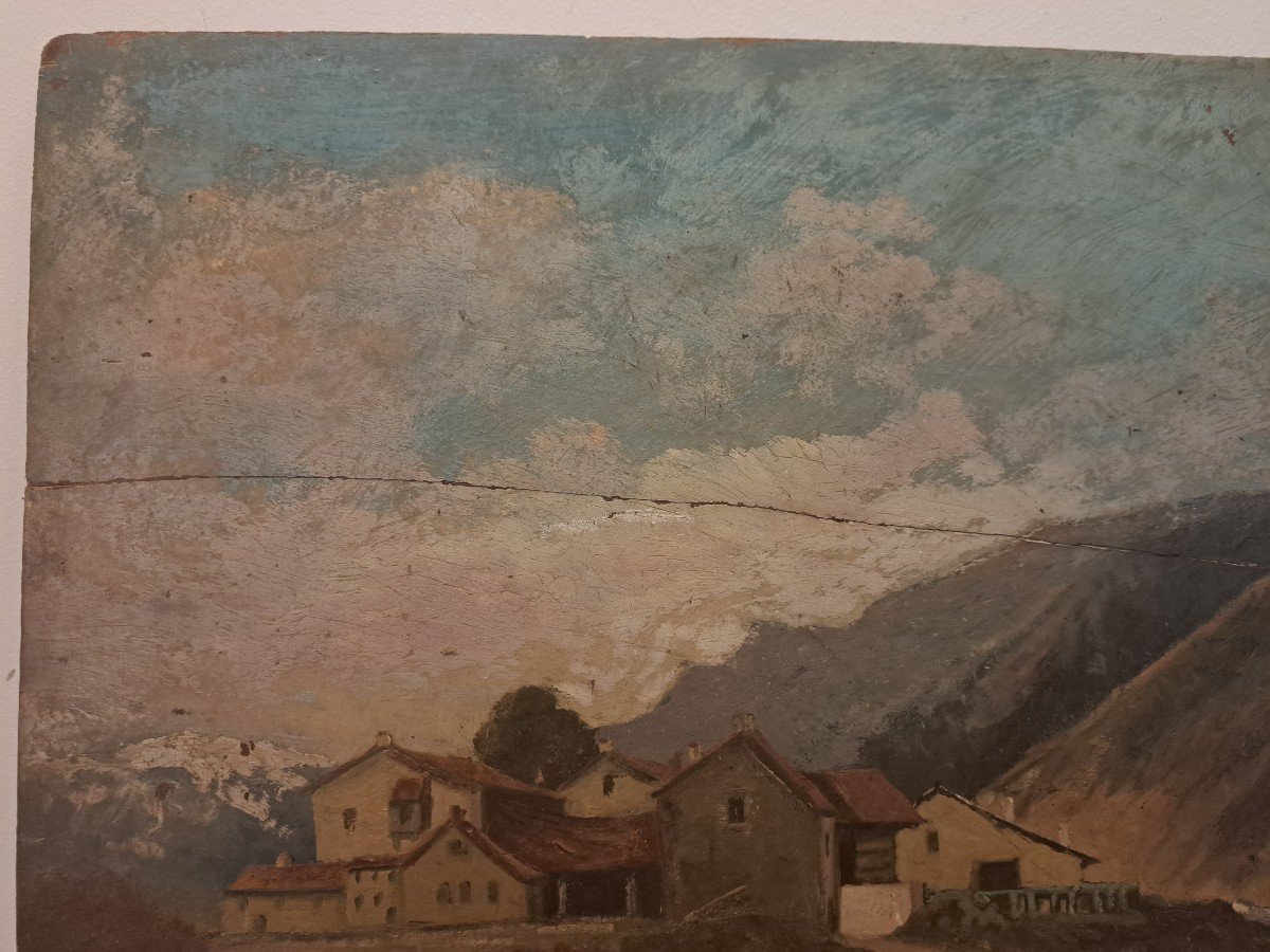 Paysage Montagnard , Huile Sur Bois  , Signé , XIX°. -photo-2