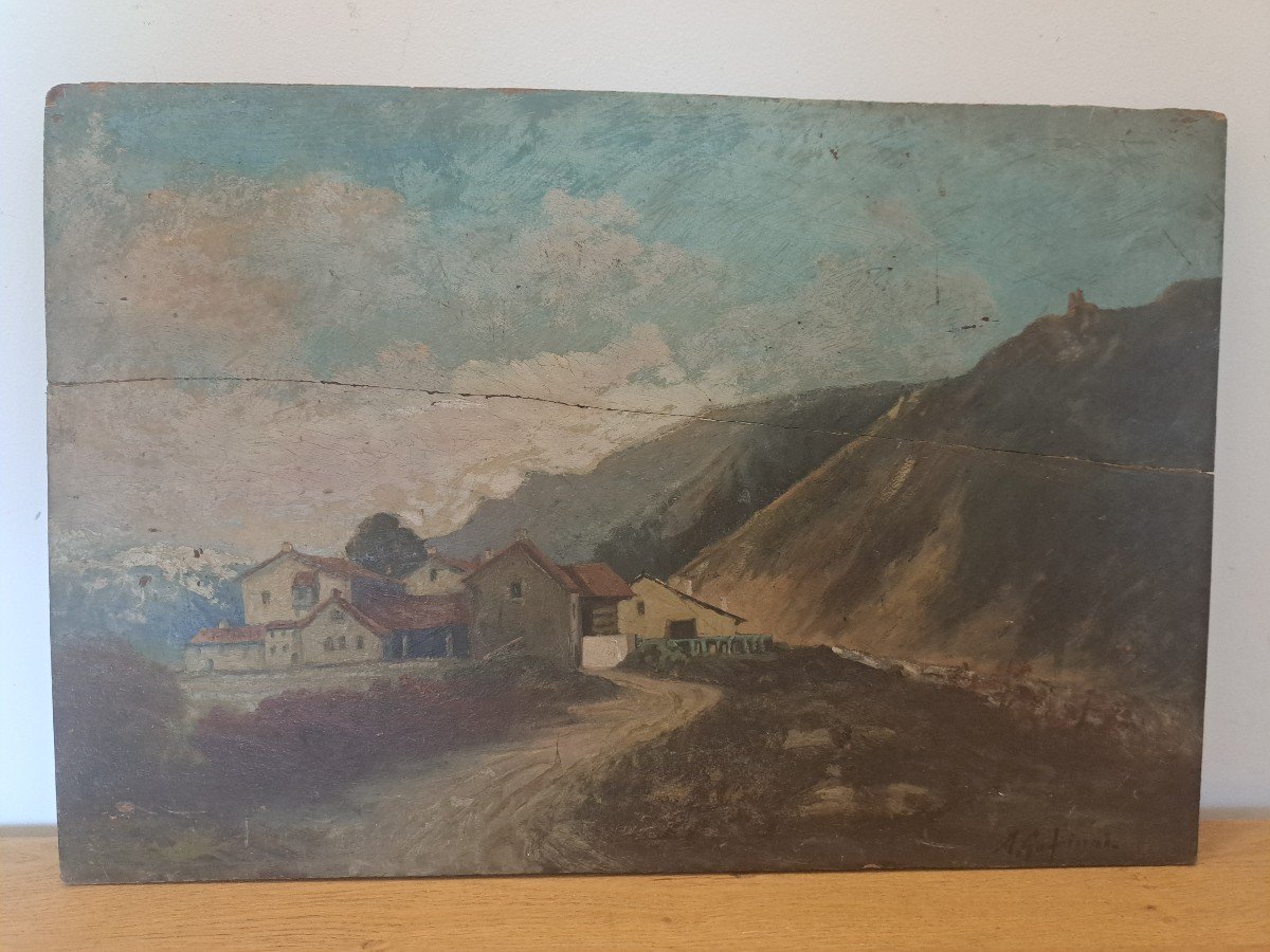 Paysage Montagnard , Huile Sur Bois  , Signé , XIX°. -photo-4