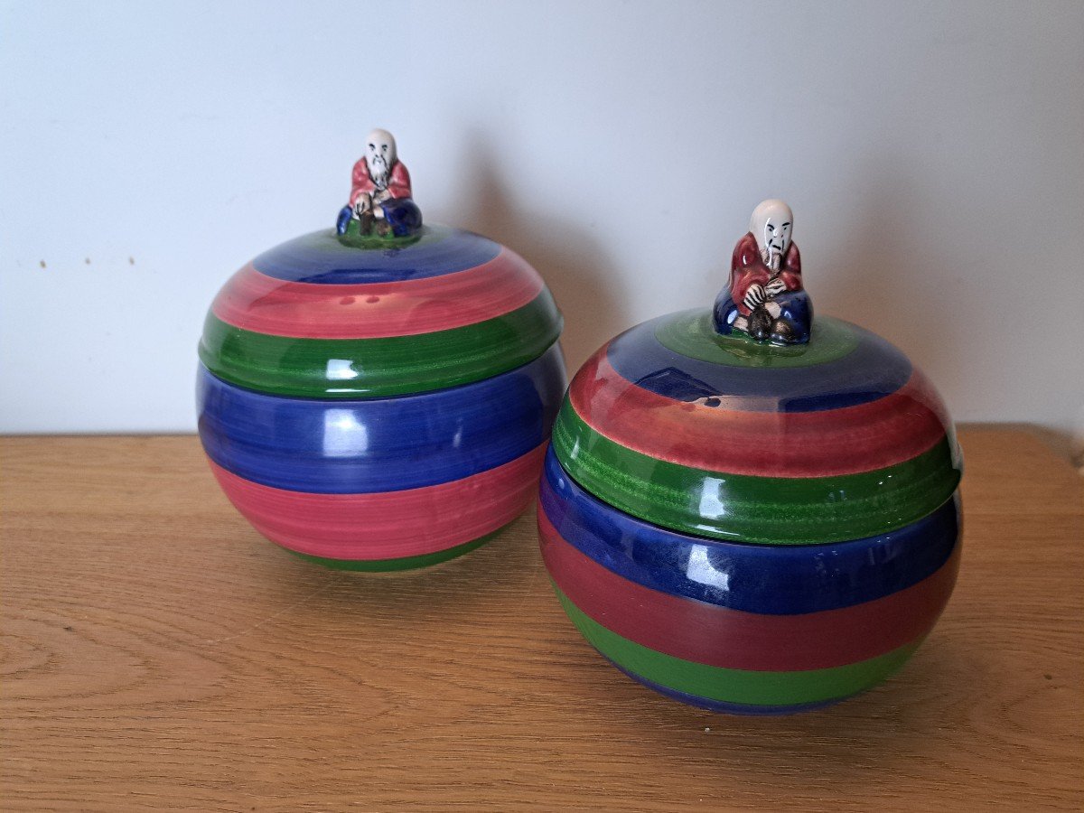 Charles Burger, Two Chinese Covered Pots, Ceramic, 20th Century. 