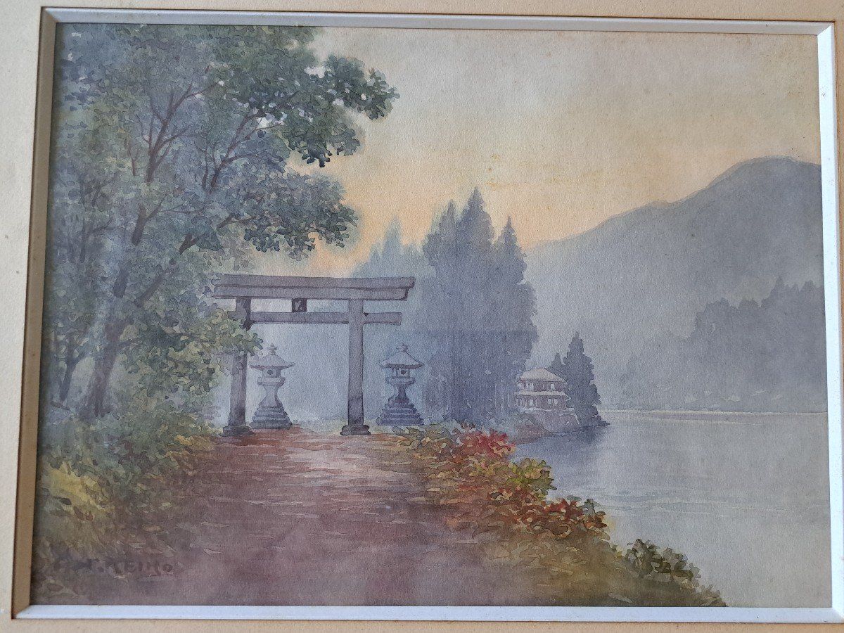 Keiko, Japanese Temple, Watercolor, 20th Century. -photo-2