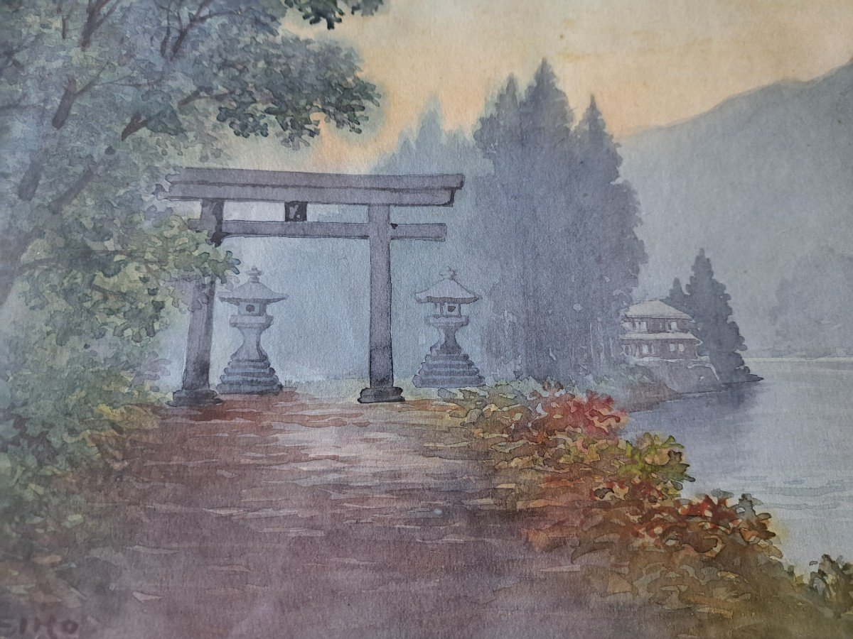 Keiko, Japanese Temple, Watercolor, 20th Century. -photo-1