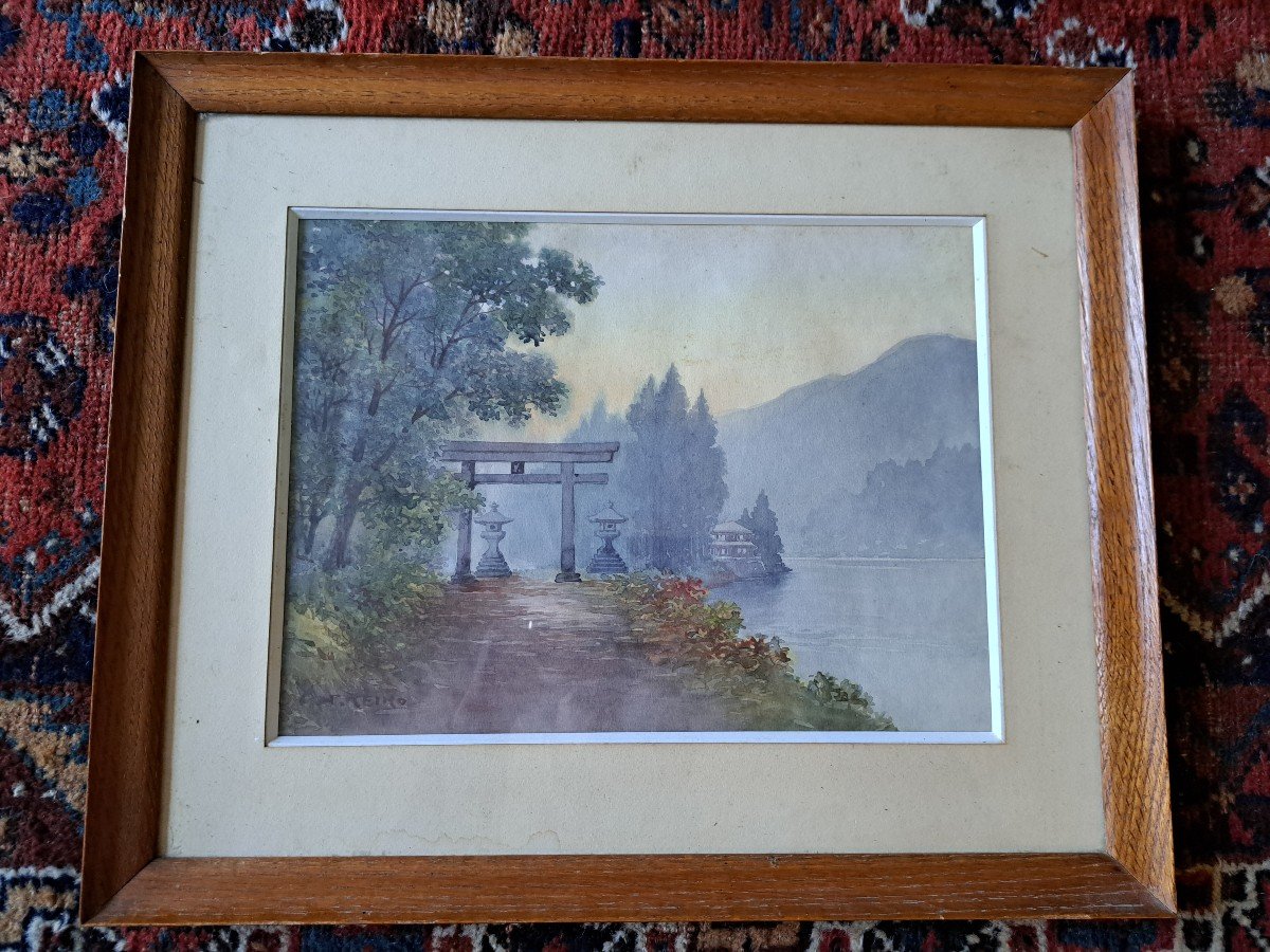 Keiko, Japanese Temple, Watercolor, 20th Century. -photo-2