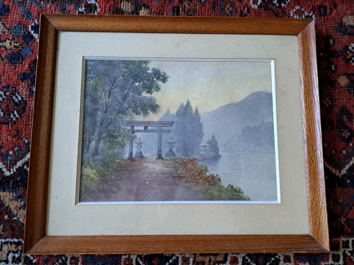 Keiko, Japanese Temple, Watercolor, 20th Century. -photo-3