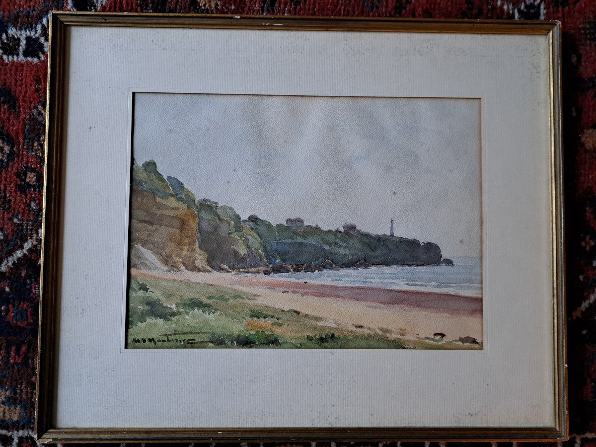 Henri d'Hauterive, Le Phare De Biarritz , Pays Basque , Aquarelle , XXe Siècle . -photo-2