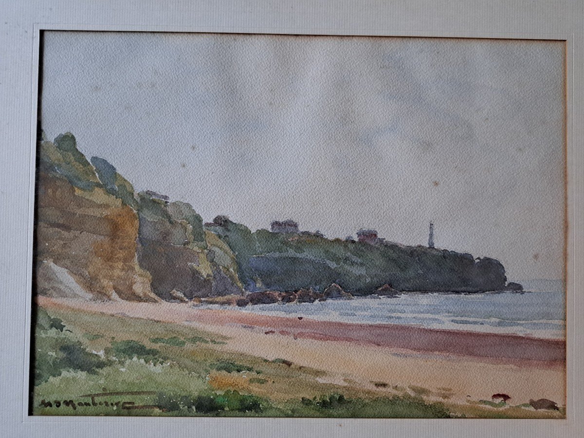 Henri d'Hauterive, Le Phare De Biarritz , Pays Basque , Aquarelle , XXe Siècle . -photo-3