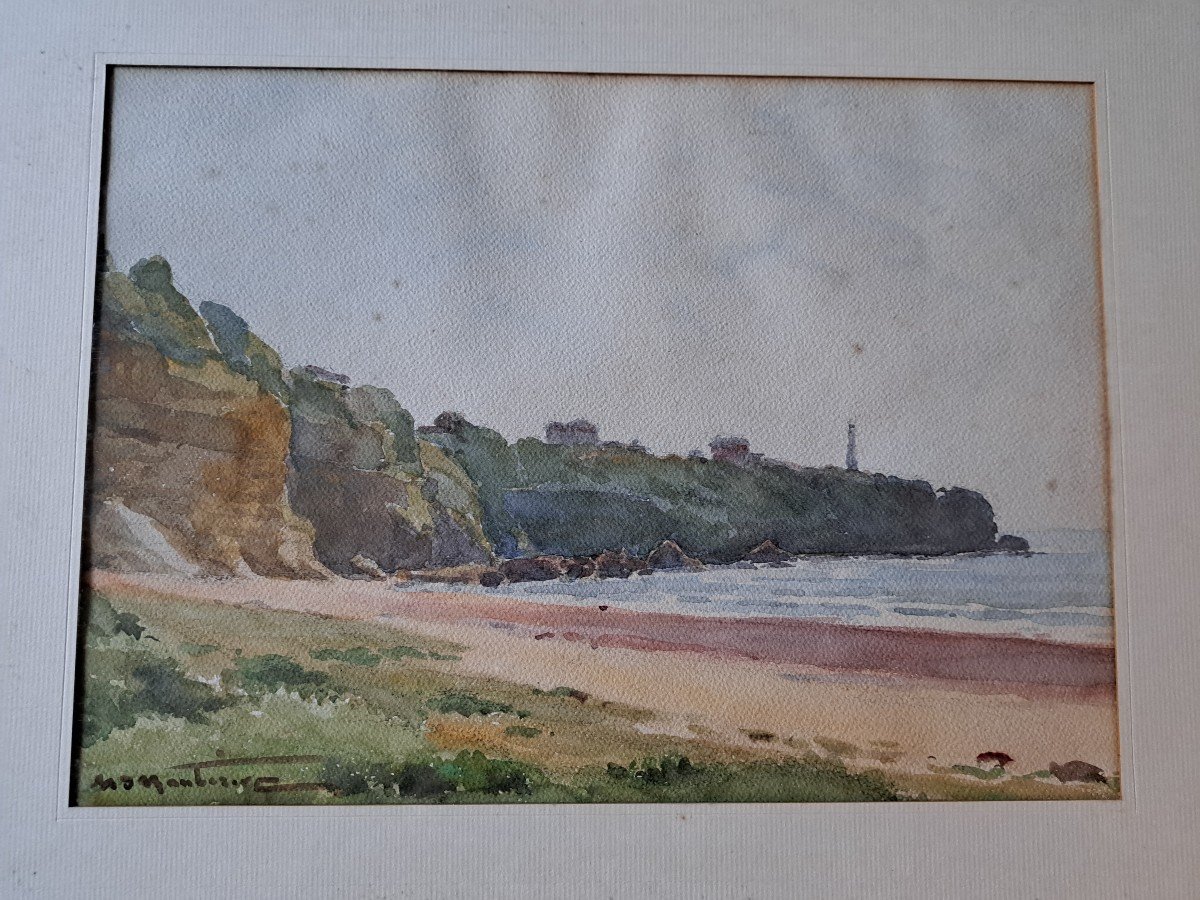 Henri d'Hauterive, Le Phare De Biarritz , Pays Basque , Aquarelle , XXe Siècle . -photo-2