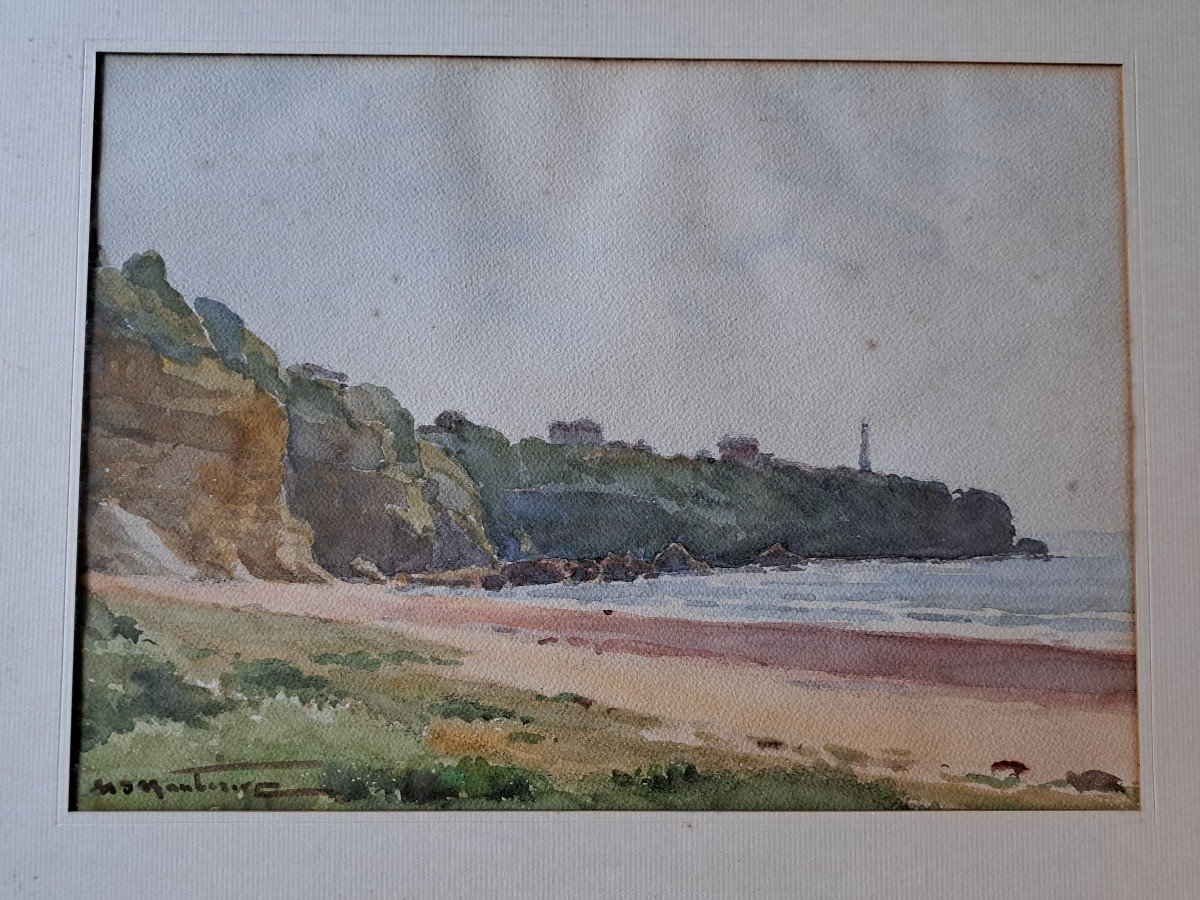 Henri d'Hauterive, Le Phare De Biarritz , Pays Basque , Aquarelle , XXe Siècle . -photo-3