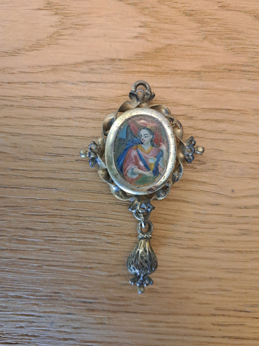 Pendentif Reliquaire , Sainte Odile , Métal Doré , Fin XVIIIe Siècle . -photo-4