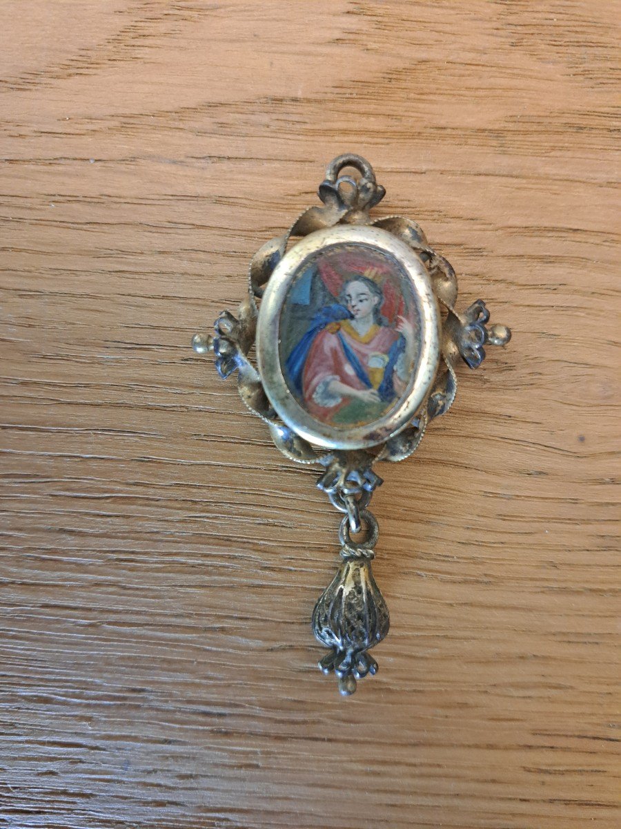 Pendentif Reliquaire , Sainte Odile , Métal Doré , Fin XVIIIe Siècle . 