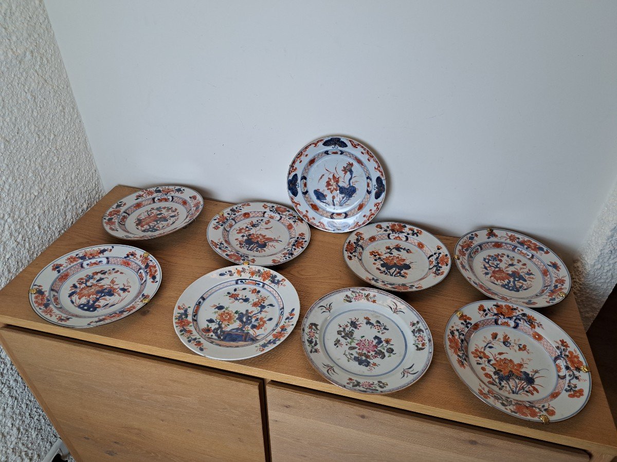 China, East India Company, 9 Porcelain Plates With Imari Decor, 18th Century. -photo-3