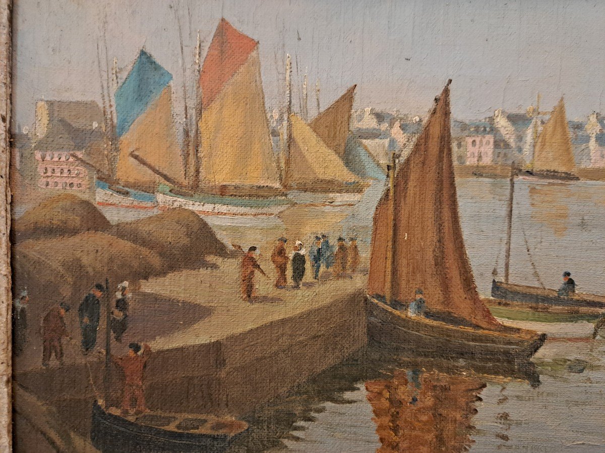 R.Douchez , Port de Concarneau , Huile sur panneau , XX°. -photo-4