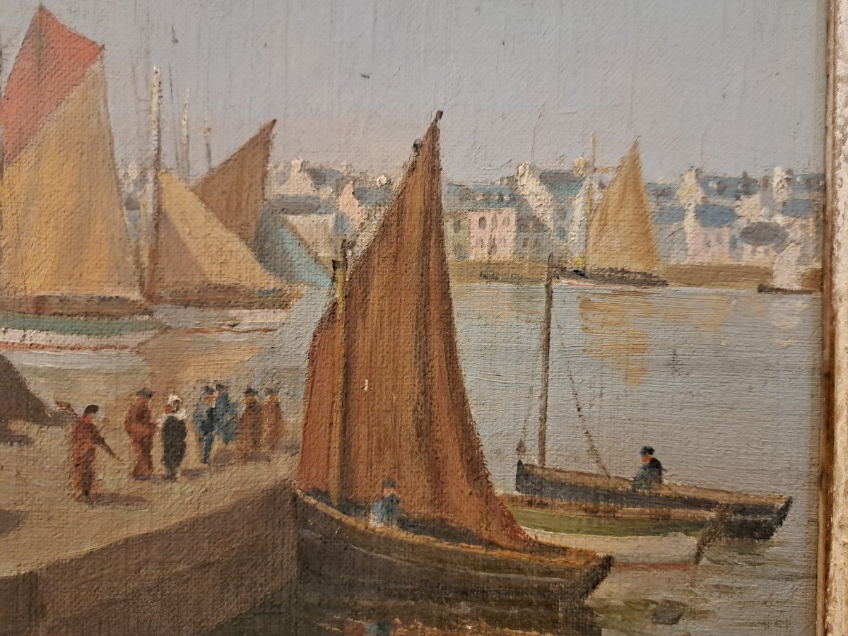 R.Douchez , Port de Concarneau , Huile sur panneau , XX°. -photo-1