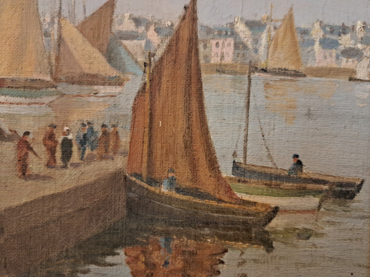 R.Douchez , Port de Concarneau , Huile sur panneau , XX°. -photo-3