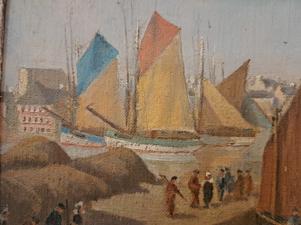 R.Douchez , Port de Concarneau , Huile sur panneau , XX°. -photo-4