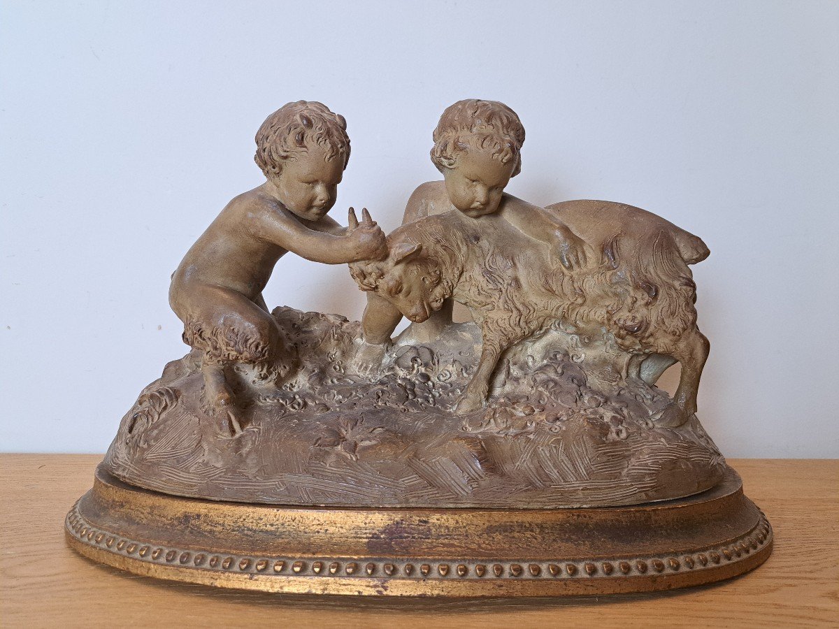 Joseph d'Asté, Group Of Children And Faun Playing With A Goat, Terracotta, Signed, 19th Century. -photo-2