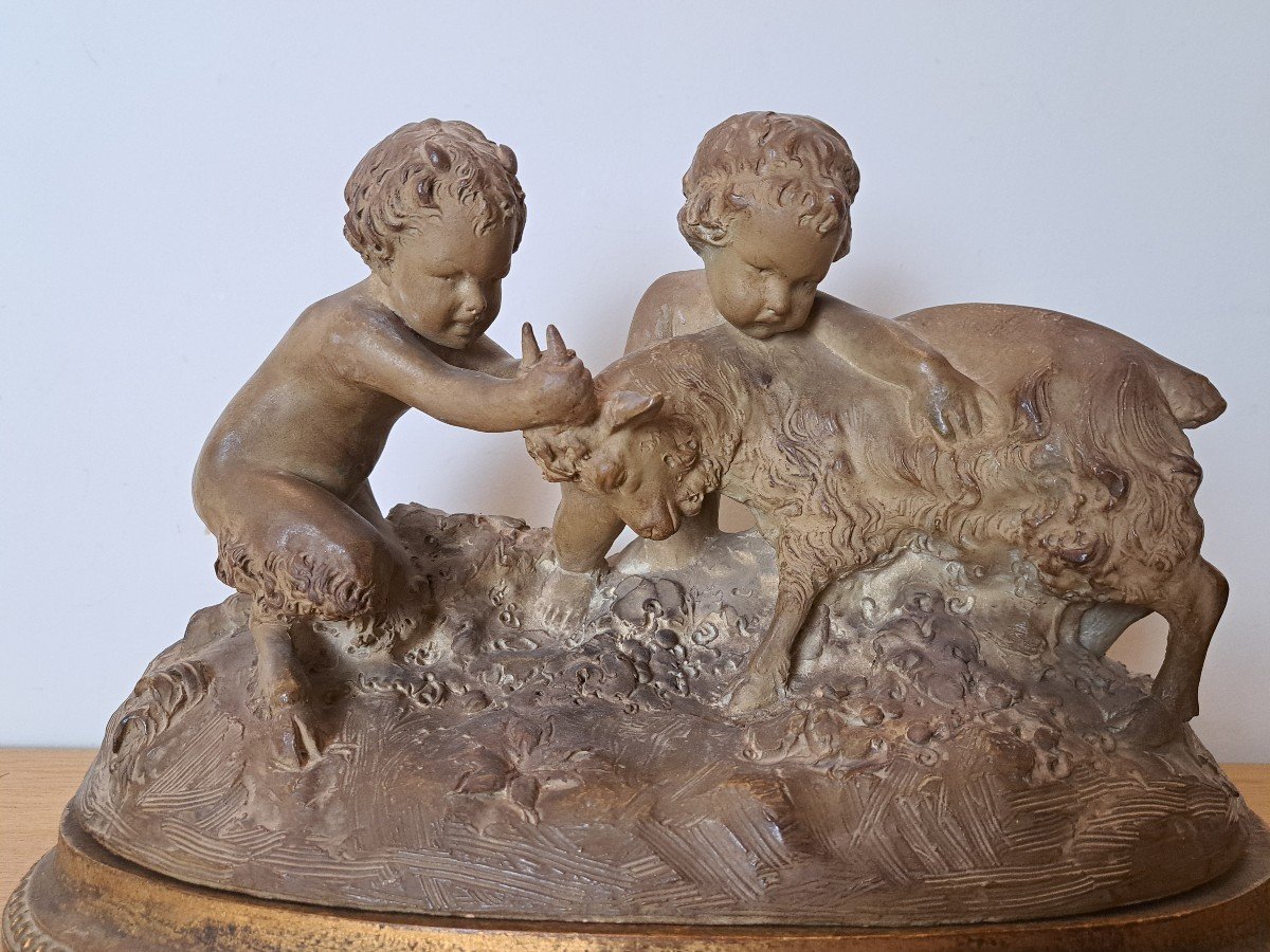 Joseph d'Asté, Group Of Children And Faun Playing With A Goat, Terracotta, Signed, 19th Century. -photo-3