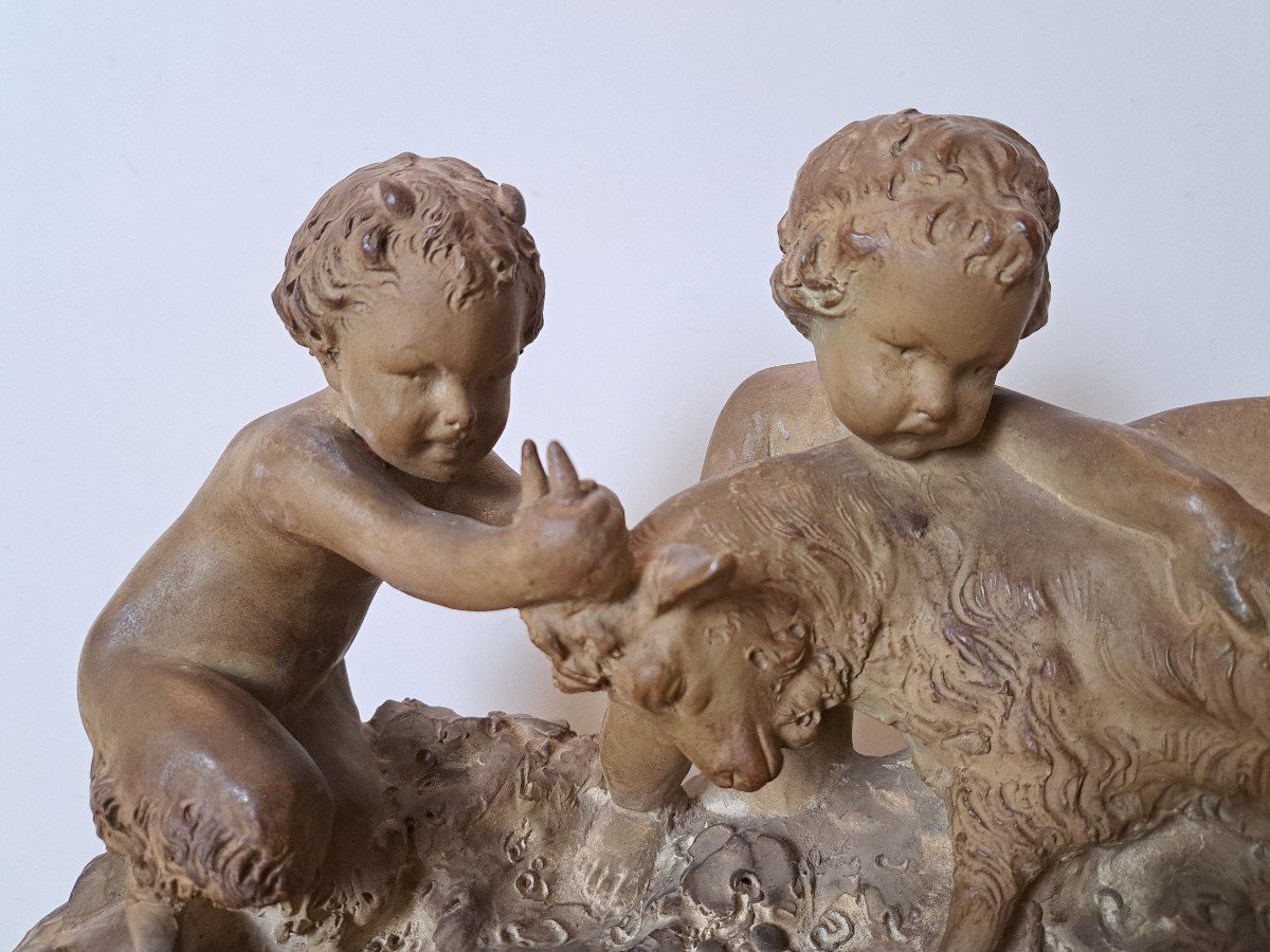 Joseph d'Asté, Group Of Children And Faun Playing With A Goat, Terracotta, Signed, 19th Century. -photo-4