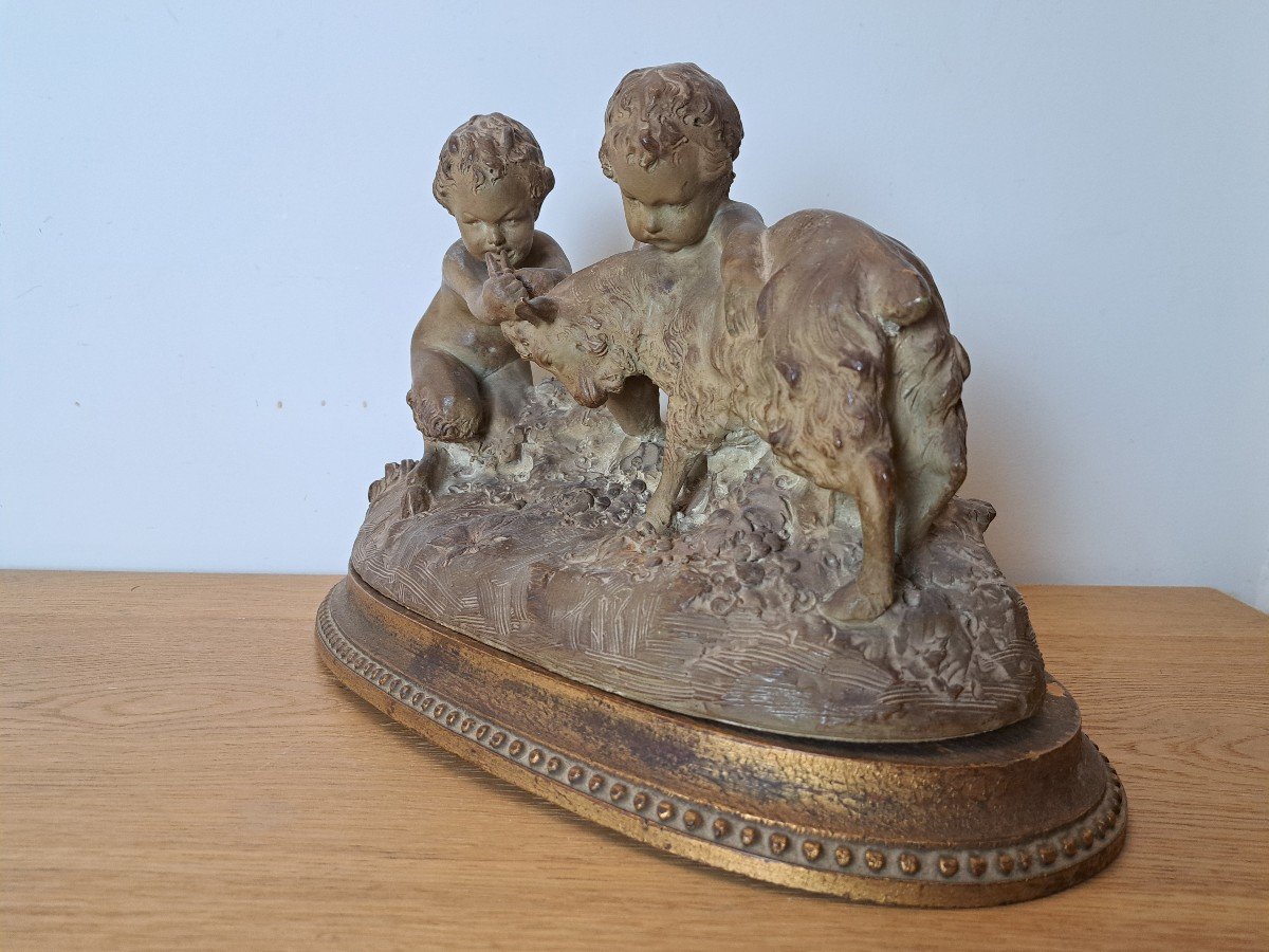 Joseph d'Asté, Group Of Children And Faun Playing With A Goat, Terracotta, Signed, 19th Century. -photo-1