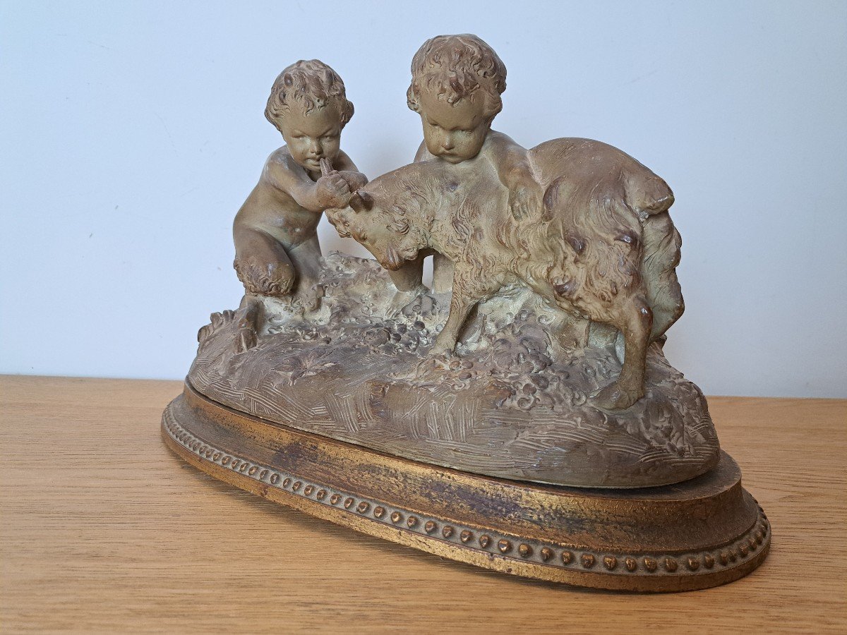 Joseph d'Asté, Group Of Children And Faun Playing With A Goat, Terracotta, Signed, 19th Century. -photo-2