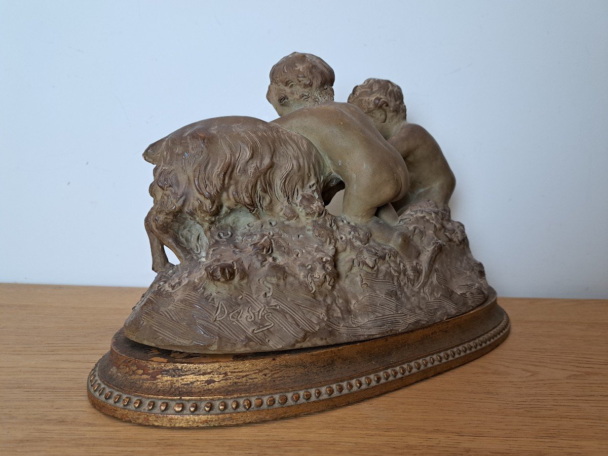 Joseph d'Asté, Group Of Children And Faun Playing With A Goat, Terracotta, Signed, 19th Century. -photo-3