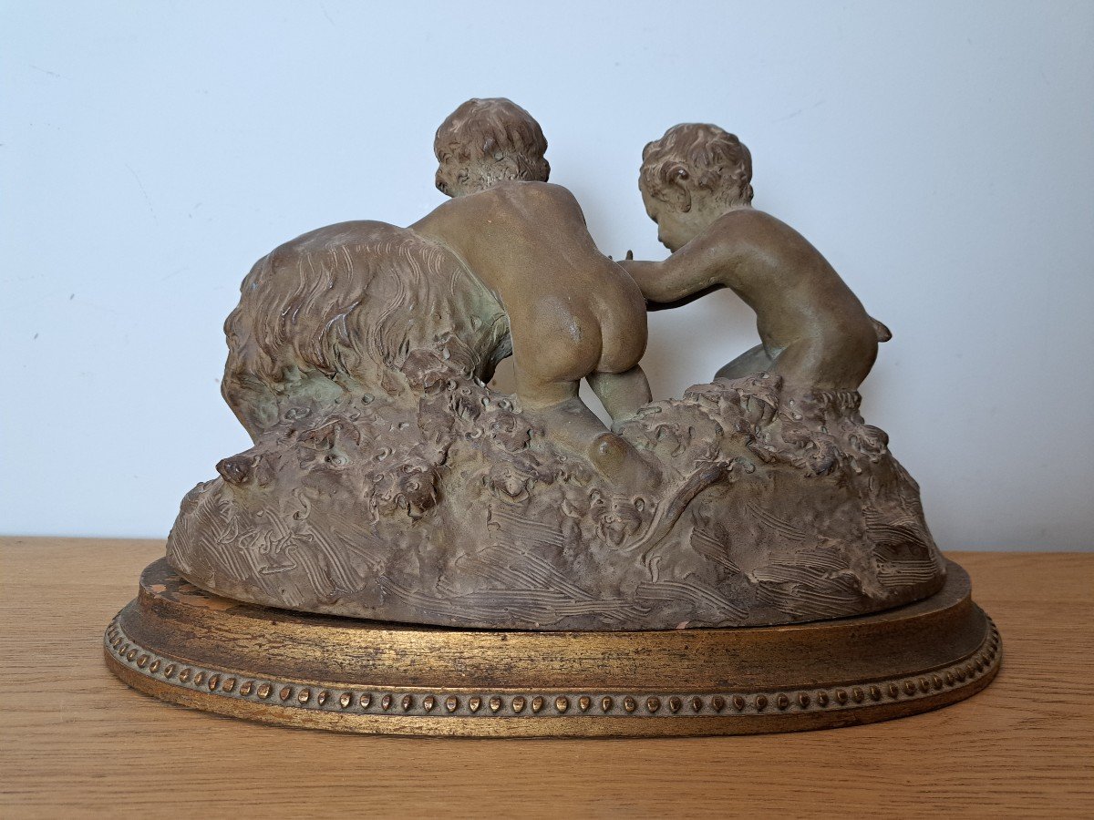 Joseph d'Asté, Group Of Children And Faun Playing With A Goat, Terracotta, Signed, 19th Century. -photo-5