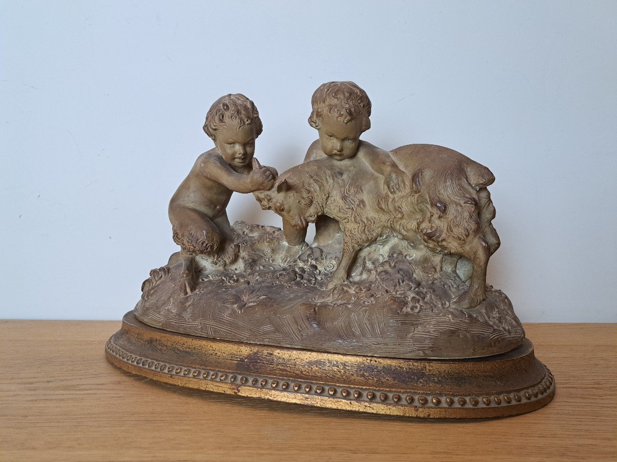 Joseph d'Asté, Group Of Children And Faun Playing With A Goat, Terracotta, Signed, 19th Century. -photo-8