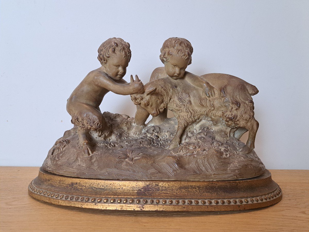 Joseph d'Asté, Group Of Children And Faun Playing With A Goat, Terracotta, Signed, 19th Century. 