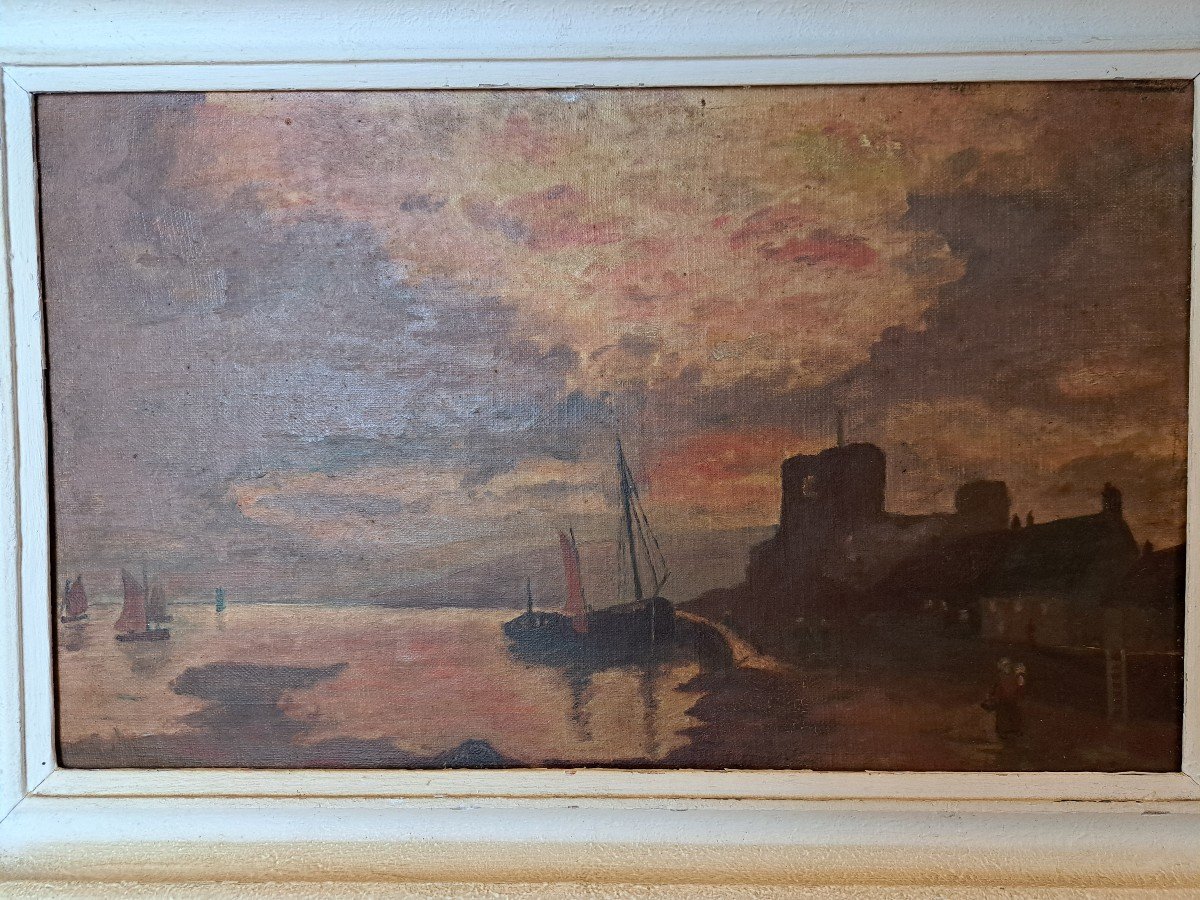 Ecole Hollandaise , Marine Au Crépuscule, Huile Sur Toile , XIX°.  -photo-2