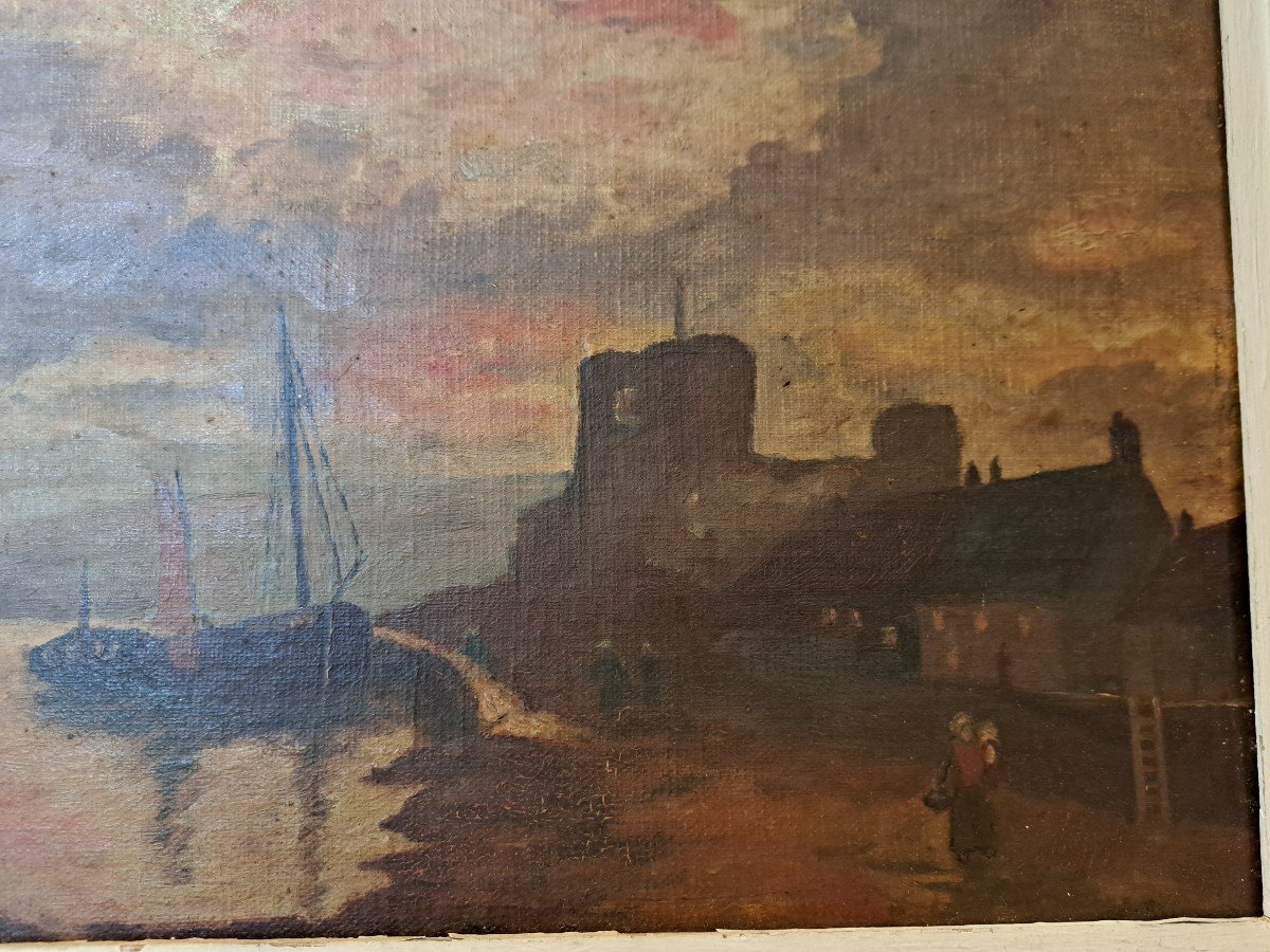 Ecole Hollandaise , Marine Au Crépuscule, Huile Sur Toile , XIX°.  -photo-4