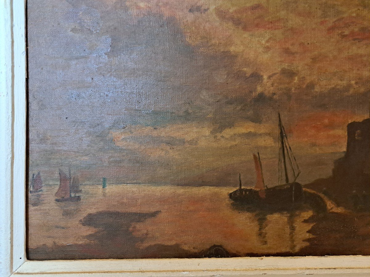 Ecole Hollandaise , Marine Au Crépuscule, Huile Sur Toile , XIX°.  -photo-2