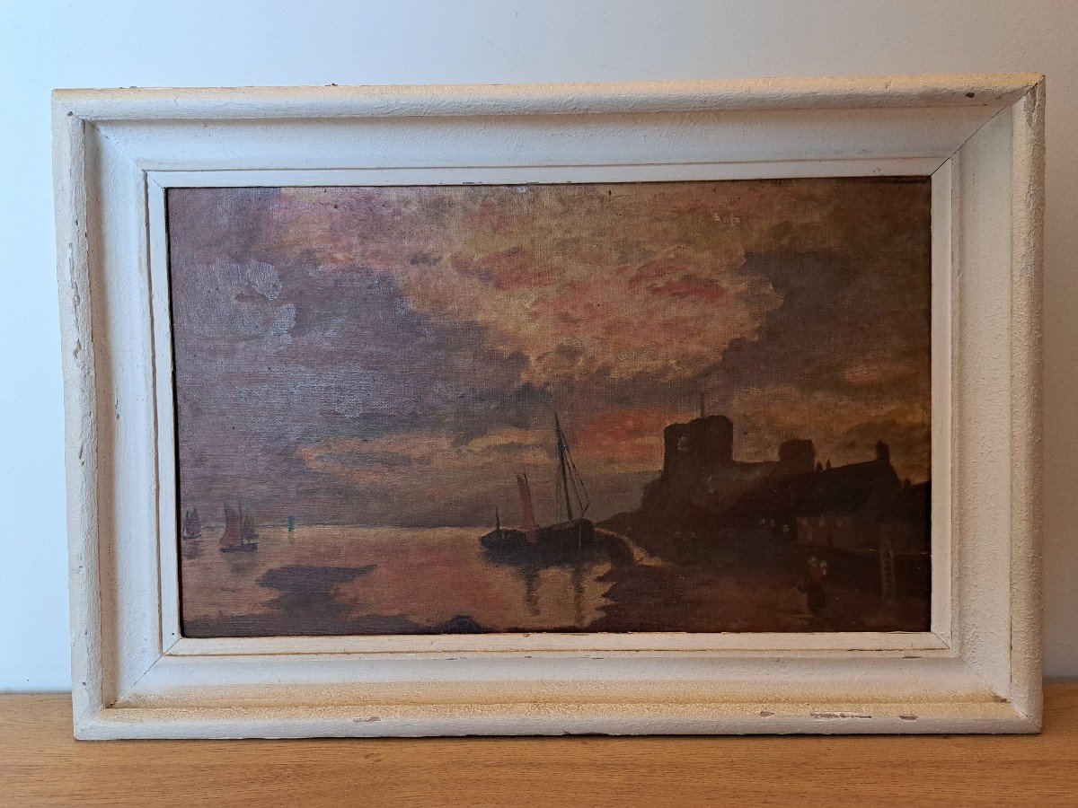 Ecole Hollandaise , Marine Au Crépuscule, Huile Sur Toile , XIX°.  -photo-4