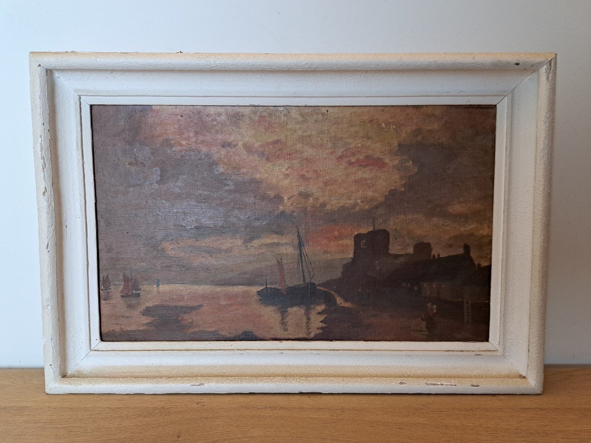 Ecole Hollandaise , Marine Au Crépuscule, Huile Sur Toile , XIX°.  