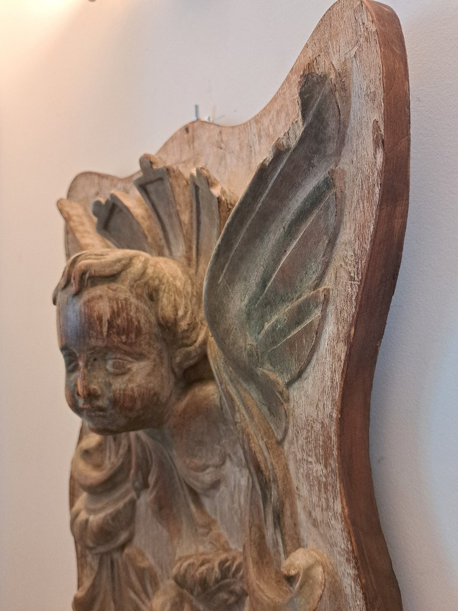 Angel, Carved And Patinated Wooden Panel, 18th Century. -photo-2