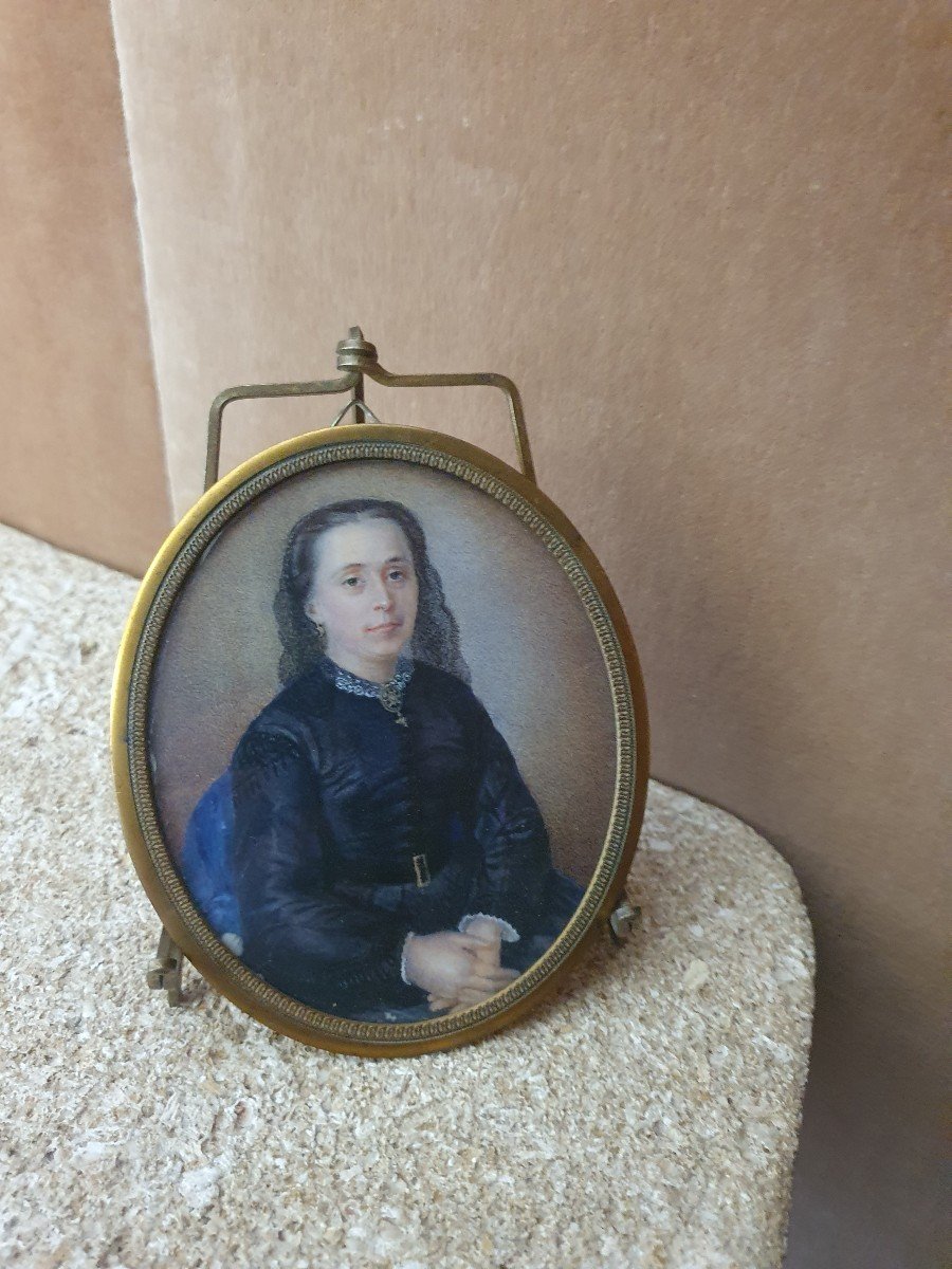 Portrait Of Woman, Miniature On Paper, XIX °.-photo-2