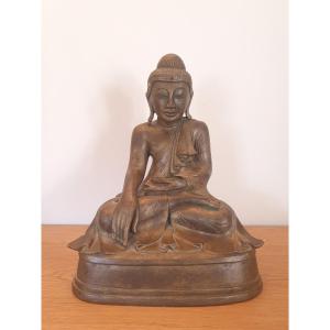 Buddha, Patinated Bronze Terracotta, Signed, Early 20th Century.