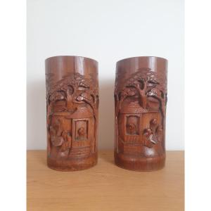 Pair Of Bitong, Carved Bamboo, China, XX°.