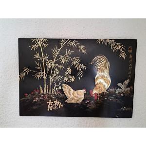 Rooster And Hen, Lacquer Panel, Viet Nam, XX°.