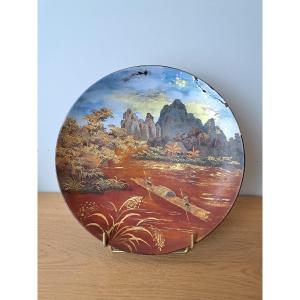 Nguyen Quang Mau, Plate, Lake Decor, Lacquered Wood, 20th Century.