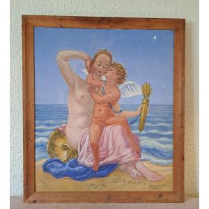 Gaëtan Dumas, Venus And Cupid, Tempera On Canvas, Early 20th Century.  